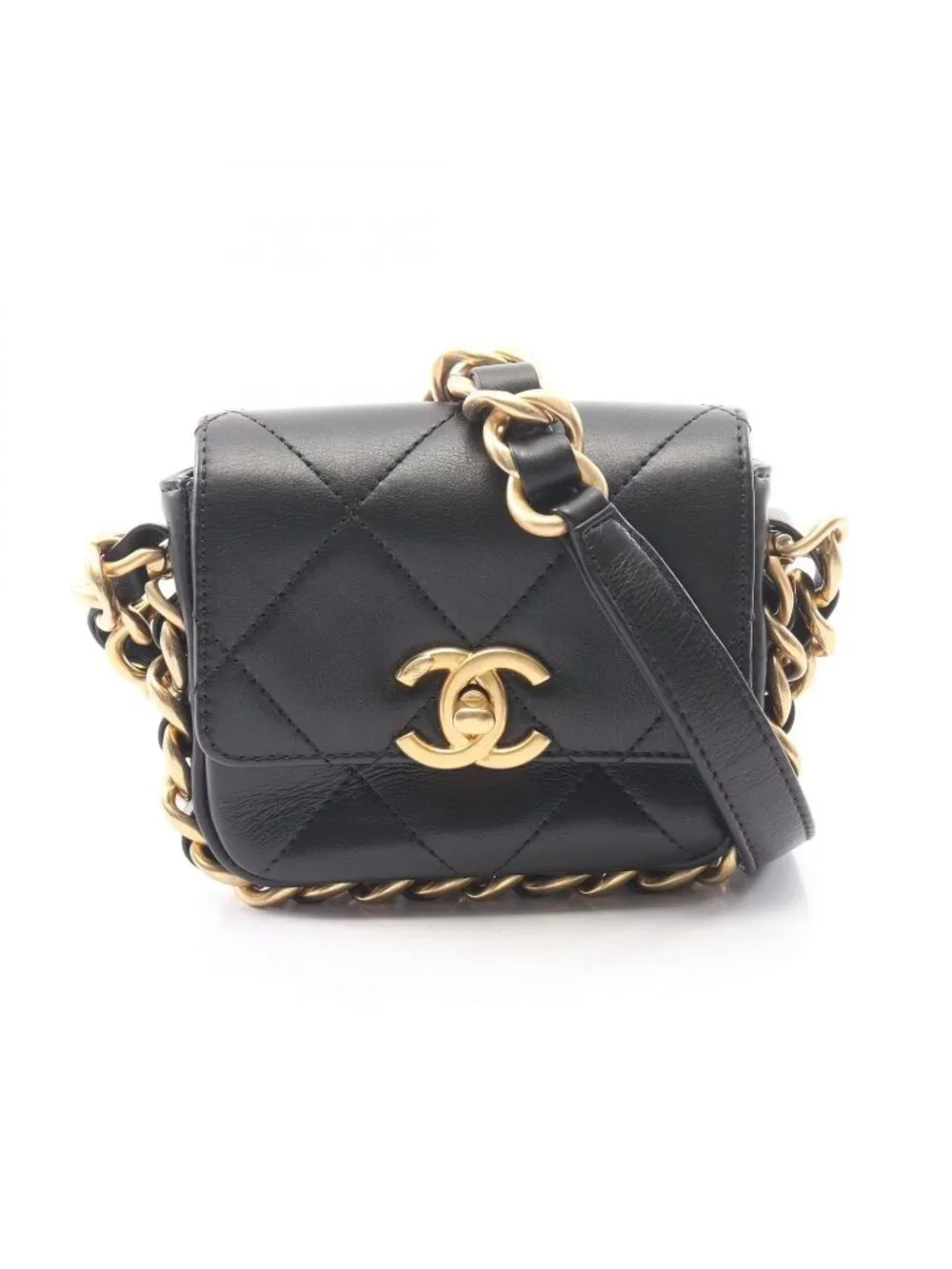 Chanel Shoulder Bag Quilted Chain Around Black Lambskin Mini Flap